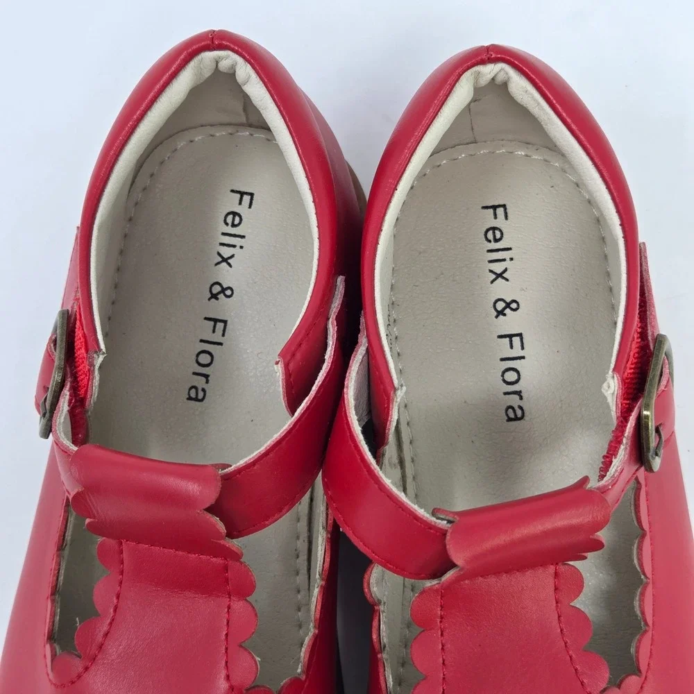 Felix & Flora Girls Red Mary Jane Scalloped T-Strap Shoes B366 Size 13 20.2cm
